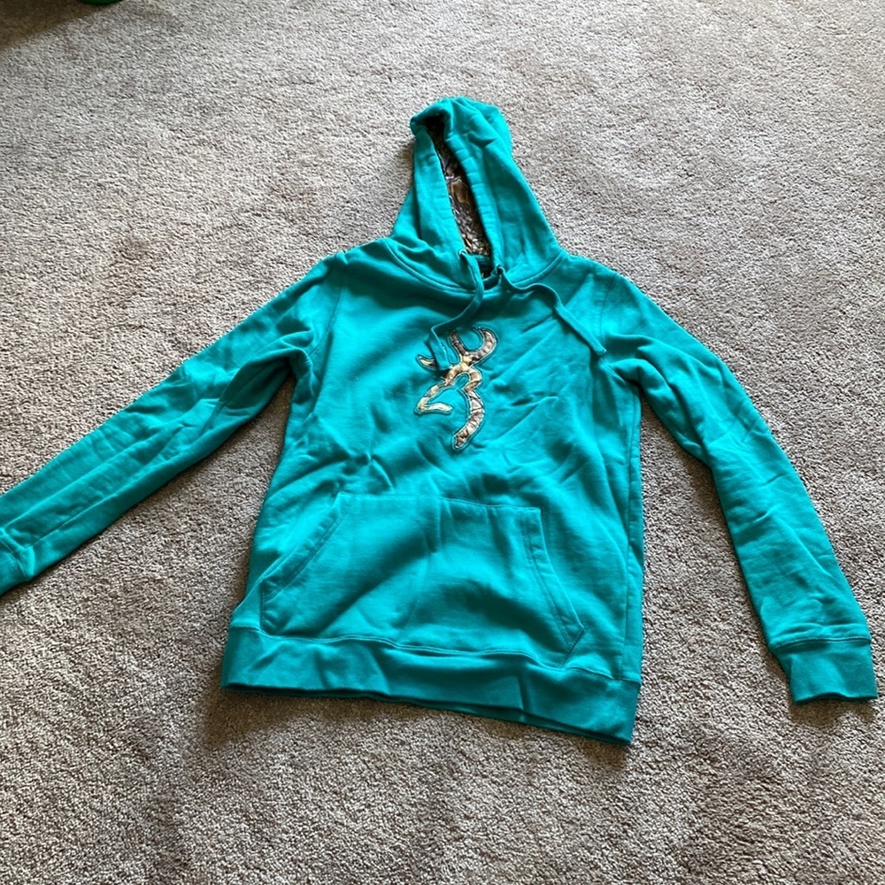 Browning Turquoise Camo Deer Logo Hoodie Pullover Outdoor Sweatshirt M